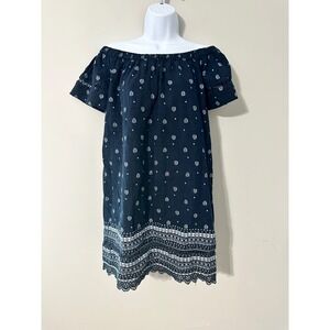 Marabelle Off Shoulder Dress Navy Blue White Paisley Print Women's Size‎ S